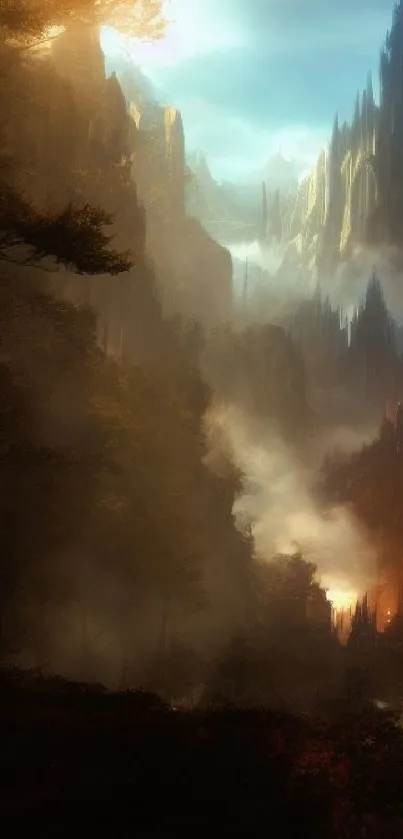 Fantasy mountain landscape with dramatic cliffs and vibrant lighting.