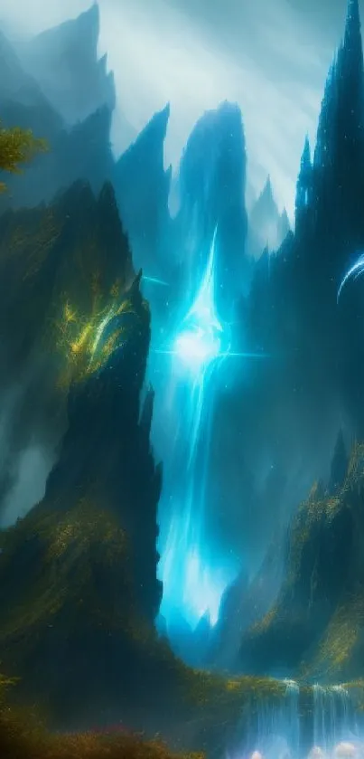 Fantasy mountain landscape with blue light and waterfalls for wallpaper.