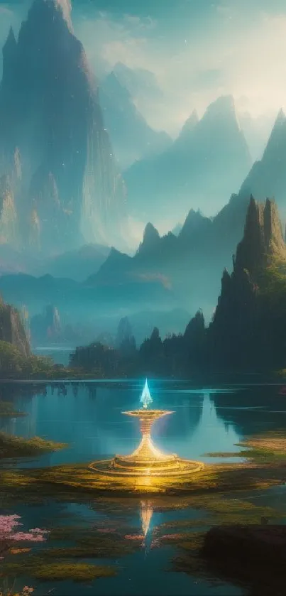 Fantasy mountain landscape with a mystical lake and glowing fountain.