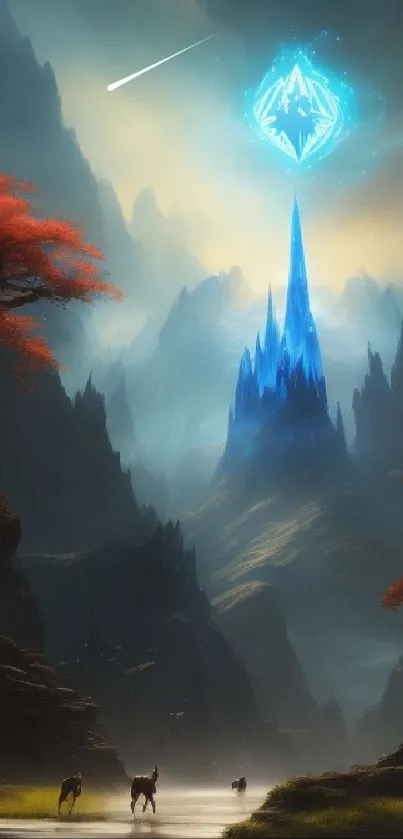 Fantasy landscape with mountains, red trees, and a blue crystal sky.