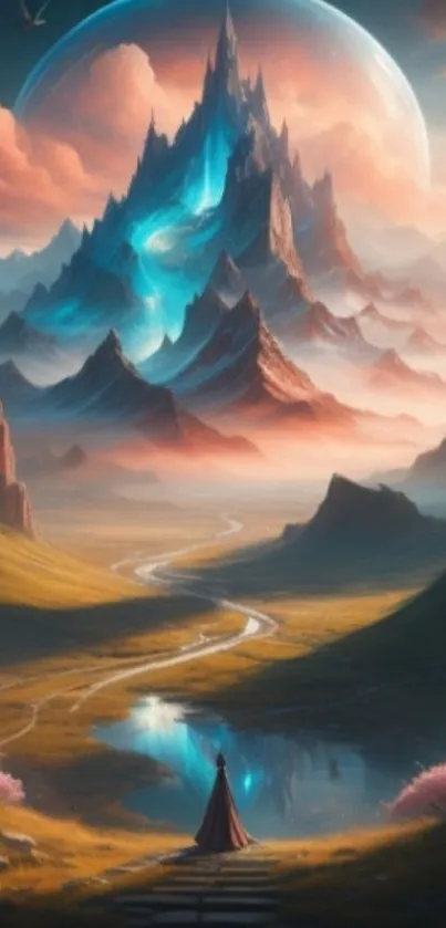 Fantasy mountain landscape with path and vibrant color palette.