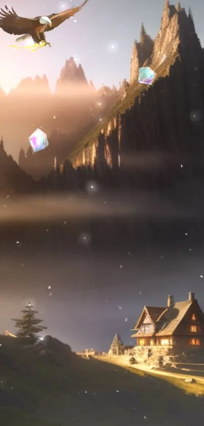 Fantasy landscape with mountains, eagle, and floating crystals.