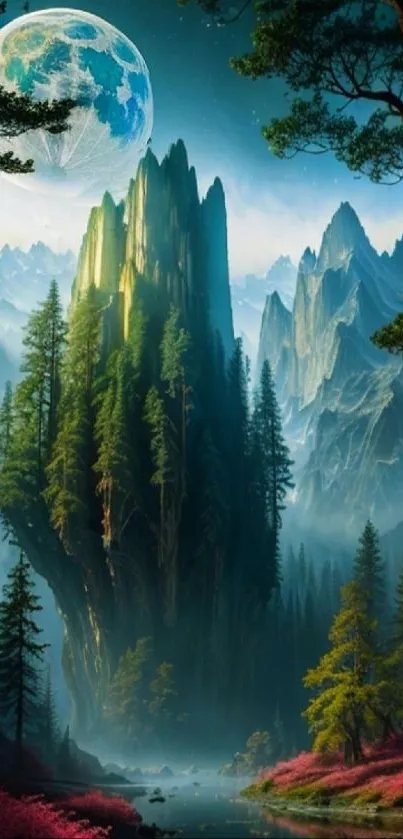 Fantasy mountain landscape with a glowing moon and vibrant forest.
