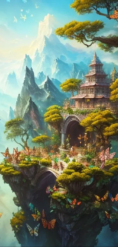 Fantasy mountain retreat with colorful butterflies and mystical temple.