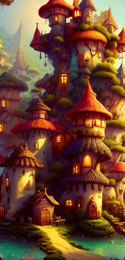 Fantasy mushroom castle with vibrant colors and enchanting design.