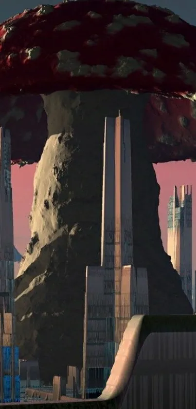 Futuristic cityscape with giant mushroom structure.