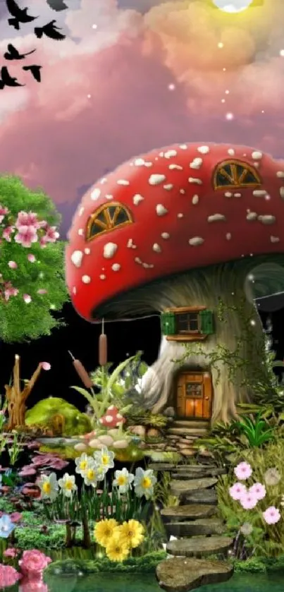 Whimsical mushroom cottage with vibrant flowers and pond scene.