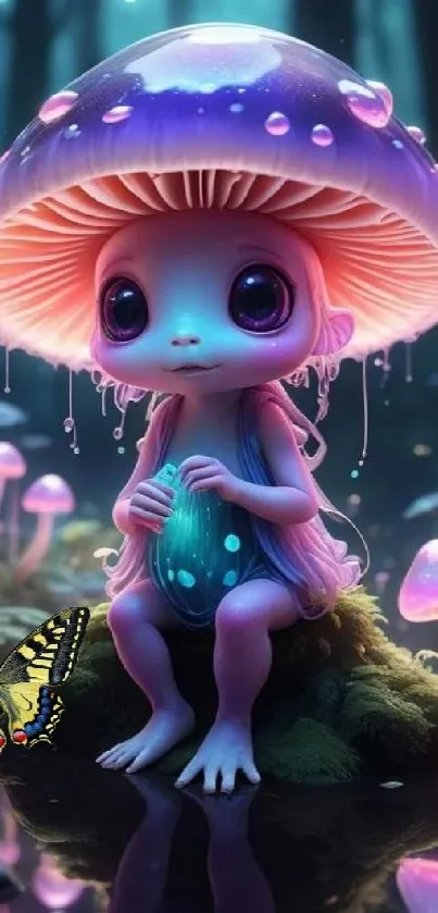 Whimsical mushroom creature with glowing forest backdrop
