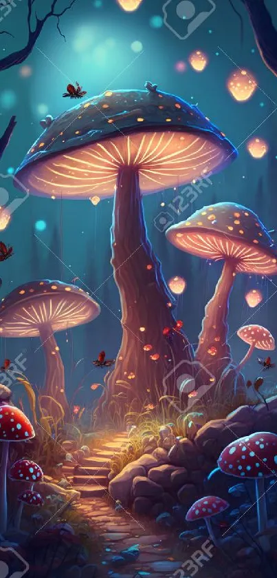 Fantasy mushroom forest wallpaper with glowing lights and dark blue tones.