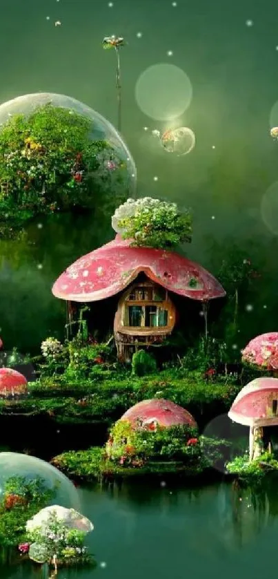 Fantasy forest with mushroom houses and lush greenery.