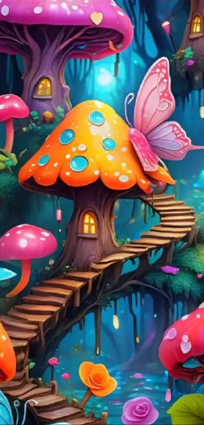 Whimsical fantasy forest with mushrooms and magical butterflies.