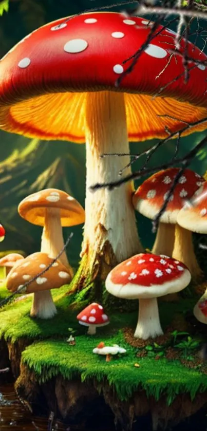 Enchanting red mushrooms in a magical forest setting.