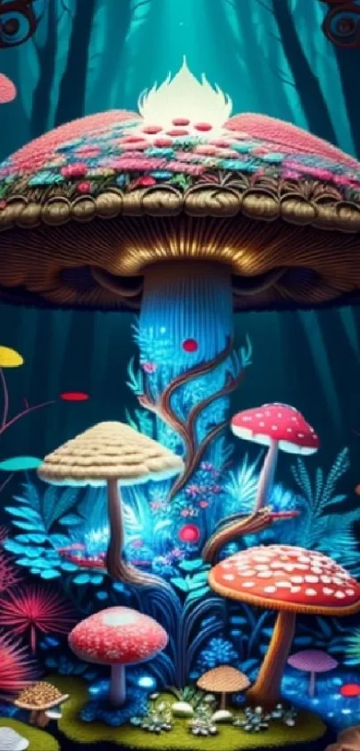 Fantasy mushroom forest wallpaper with vibrant colors and intricate design.
