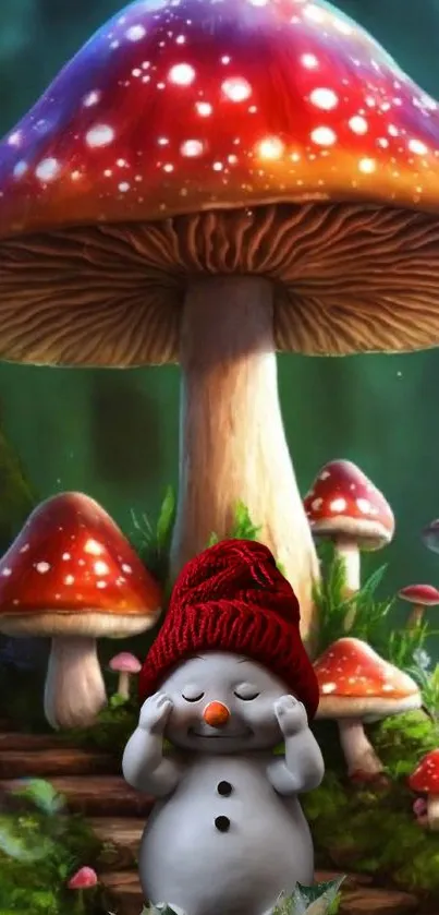 Magical red mushrooms on a forest path.