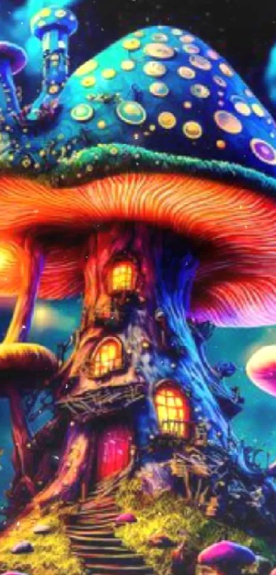 Vibrant fantasy mushroom house in a colorful nighttime setting.
