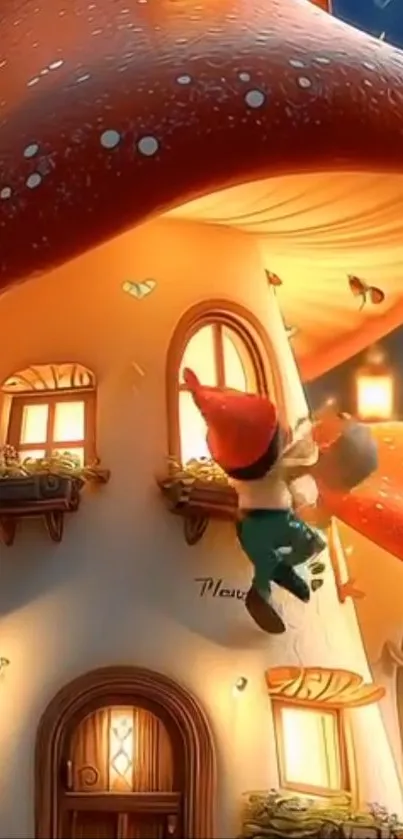 Whimsical mushroom house with gnome art.