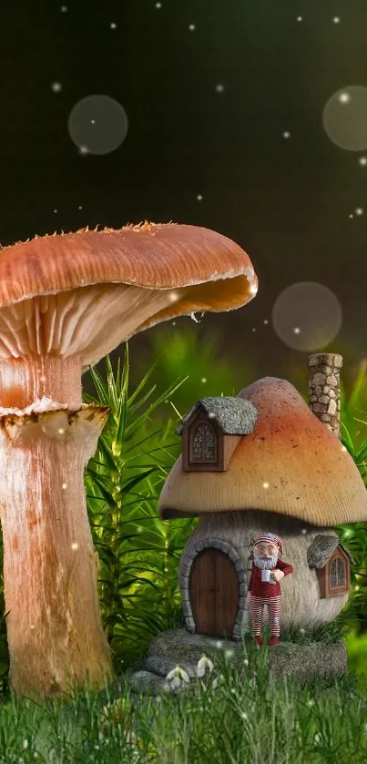 Fantasy scene with mushroom house and greenery.