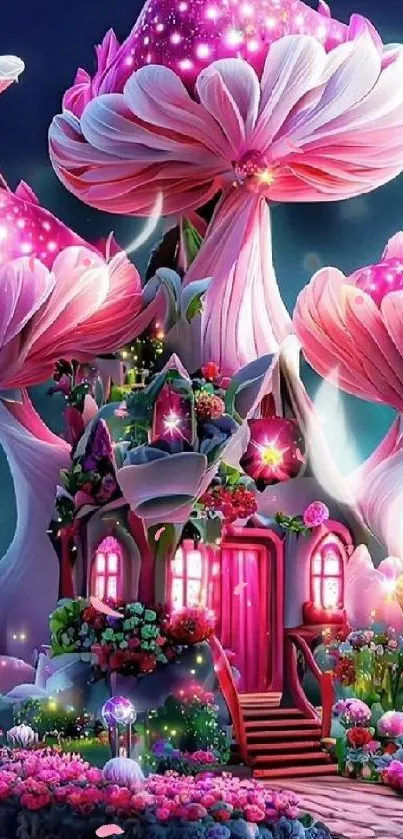 Fantasy mushroom house with glowing pink hues and vibrant floral scenery.