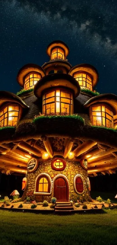 Fantasy mushroom house glowing at night with starry sky.