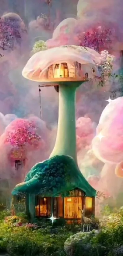 Whimsical mushroom house in colorful enchanted forest wallpaper.