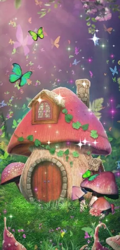 Fantasy mushroom house with butterflies and vibrant colors.