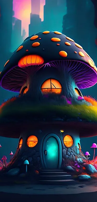 Whimsical mushroom house with glowing windows in a neon fantasy setting.