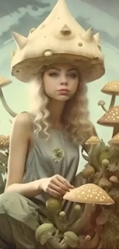 Fantasy artwork of woman with mushroom hat, surrounded by mushrooms.