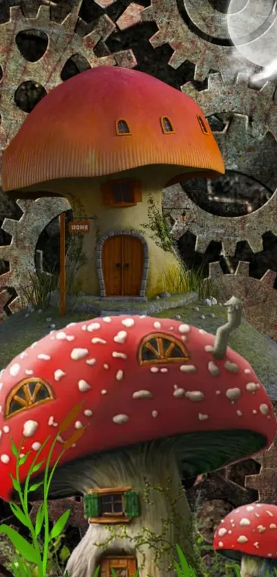 Fantasy mushroom village with gear background wallpaper.