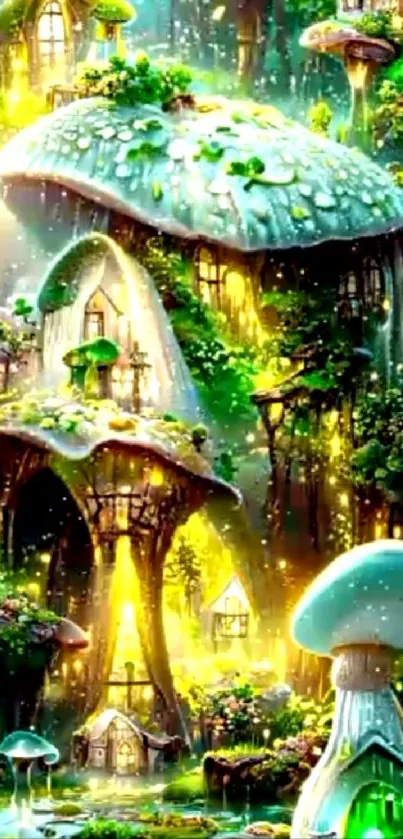 Fantasy mushroom village under a twilight forest.
