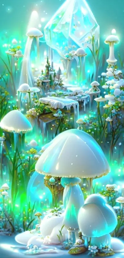 Fantasy mushroom landscape with glowing crystals.