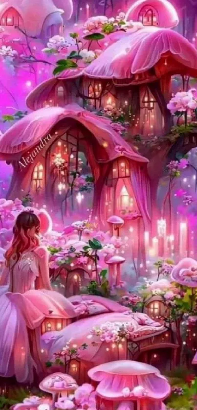 Fantasy wallpaper with mushroom houses and pink hues.