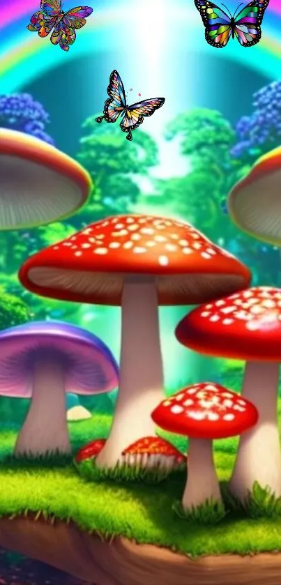 Colorful fantasy wallpaper with mushrooms and butterflies.