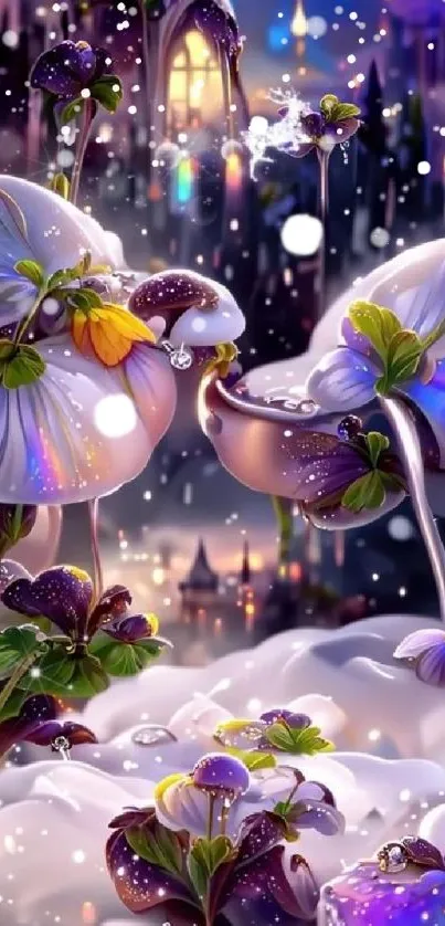 Magical landscape with glowing mushrooms and ethereal colors.