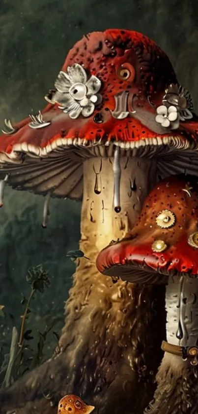 Fantasy art of detailed mushrooms in a surreal design.
