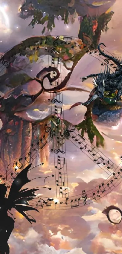 Fantasy wallpaper with musical fairy silhouette against a dreamy sky.