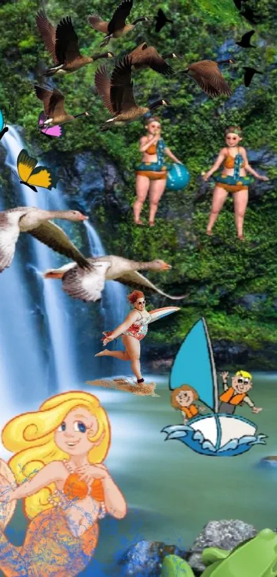 Whimsical nature scene with animated characters and vibrant waterfall.