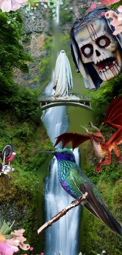 Fantasy nature wallpaper with waterfall, dragon, and hummingbird.