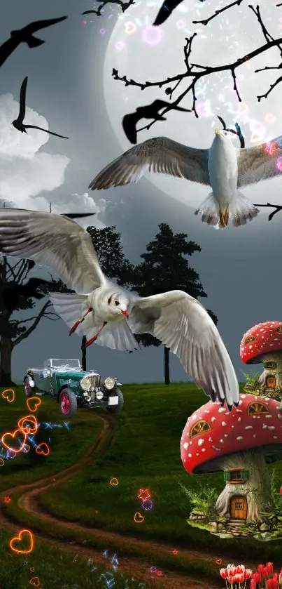 Surreal fantasy landscape with seagulls, toadstools, and vintage car under the moon.