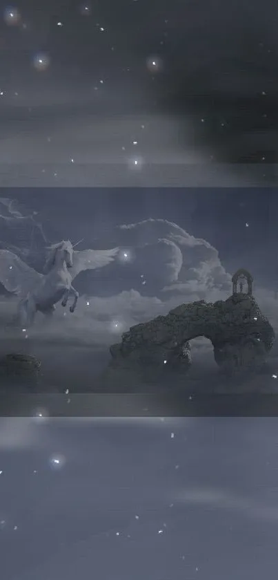 Fantasy wallpaper with a winged pegasus flying over a moonlit, starry night sky.