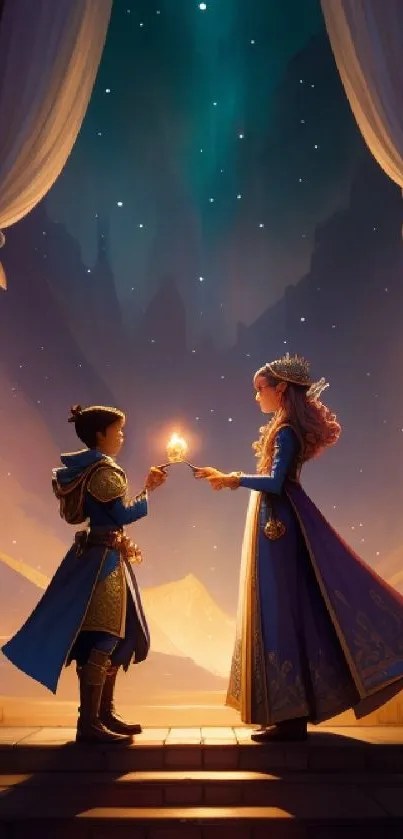 Two characters sharing light under a starry night sky in a fantasy setting.