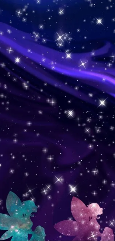 Fantasy night sky wallpaper with fairies and stars.
