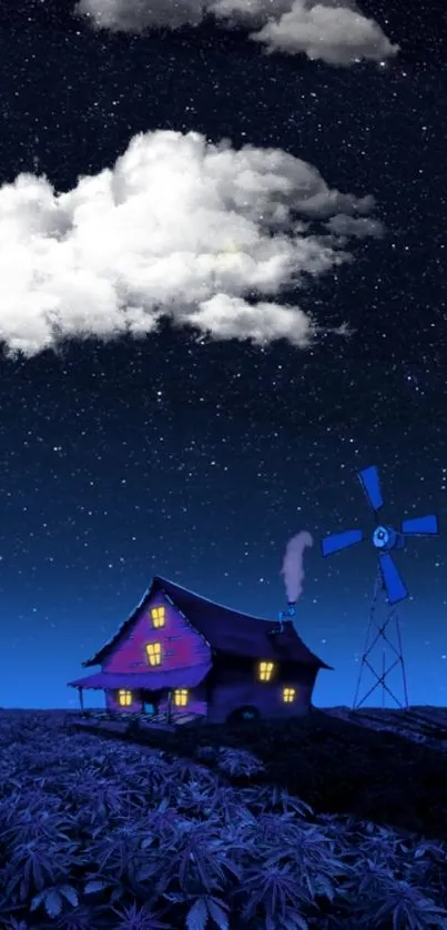 Fantasy night sky with windmill and glowing clouds wallpaper.