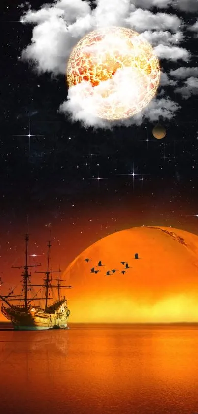 Fantasy orange night sky with ship and glowing moons.