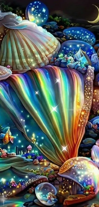 Colorful fantasy nightscape with glowing seashells and crescent moon.