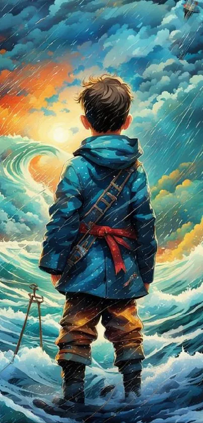 Fantasy ocean adventure art with waves and a child in a blue coat.