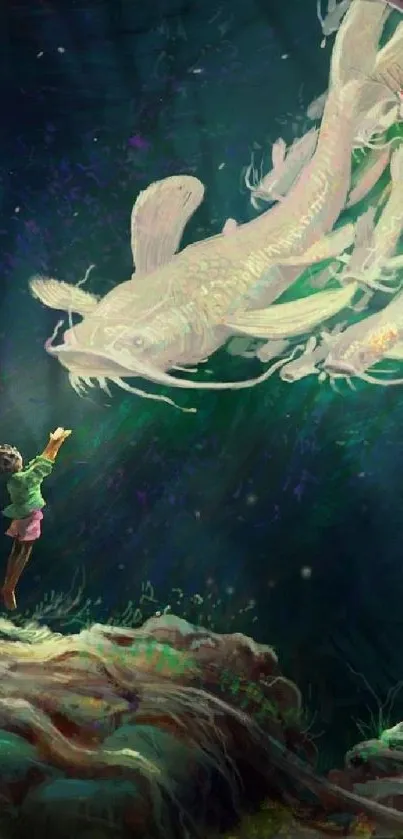 Fantasy art wallpaper of a girl reaching out to a giant fish under the sea.