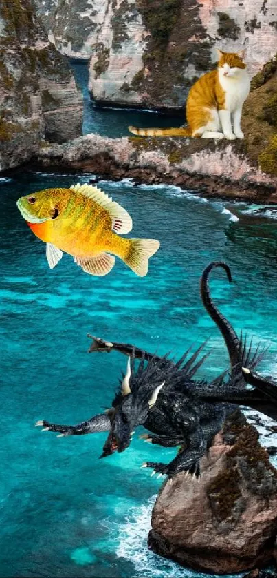 A whimsical scene with a dragon, fish, and cat over turquoise ocean cliffs.