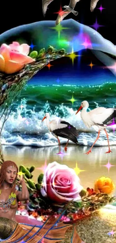 A fantasy scene with mermaid, ocean, and storks in vibrant colors.