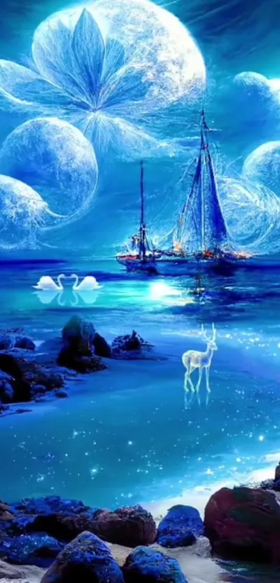 Fantasy ocean scene with ship, moons, and glowing creatures.