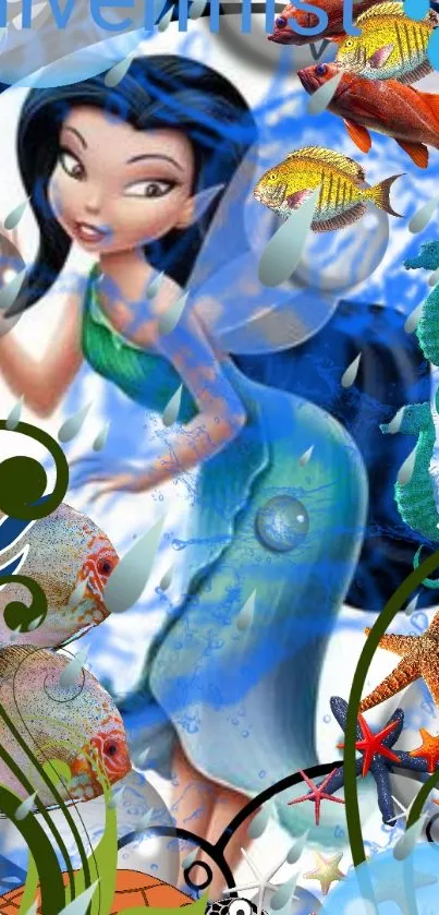 Fantasy fairy with aquatic elements and vibrant sea creatures in a blue theme.